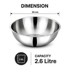 A stainless steel bowl shown on a white background with dimension and capacity text. The image includes a 24 cm diameter measurement line above the bowl and a 2.