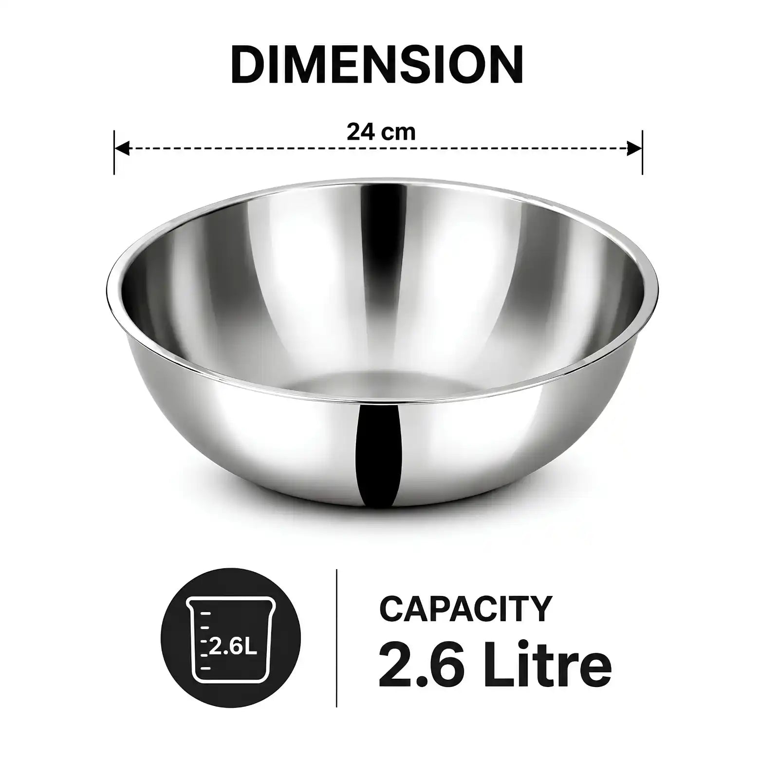 A stainless steel bowl shown on a white background with dimension and capacity text. The image includes a 24 cm diameter measurement line above the bowl and a 2.