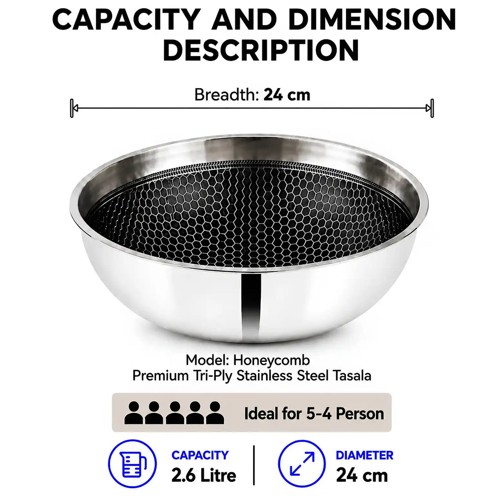 A stainless steel tasala bowl with a black honeycomb-patterned interior, shown with text overlays detailing its dimensions, capacity, and model information on a white background.