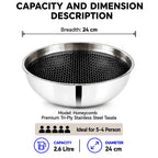 A stainless steel tasala bowl with a black honeycomb-patterned interior, shown with text overlays detailing its dimensions, capacity, and model information on a white background.