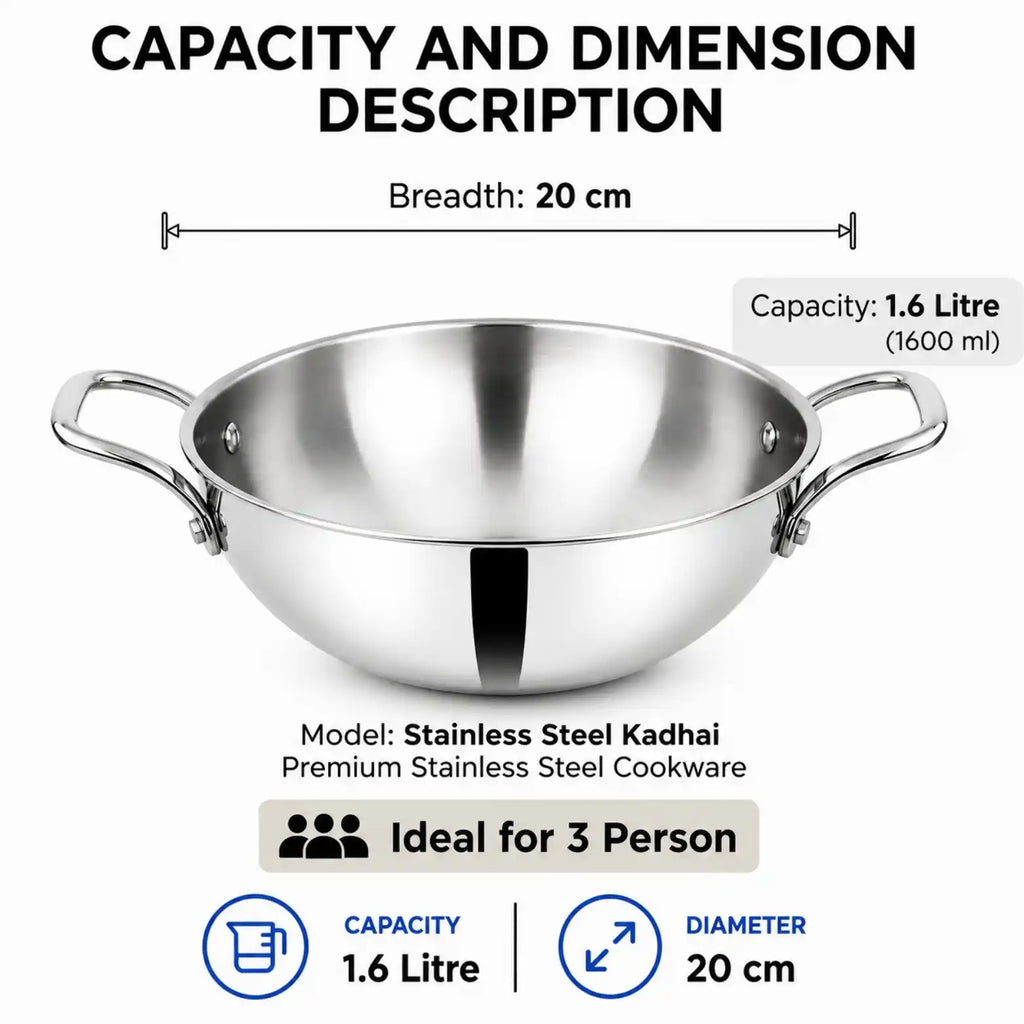 A stainless steel kadhai pot with handles on a white background, overlaid with capacity and dimension information: breadth 20 cm, capacity 1.6 litre (1600 ml), diameter 20 cm, and text noting it is a premium stainless steel cookware item suitable for 3 people.