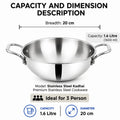 A stainless steel kadhai pot with handles on a white background, overlaid with capacity and dimension information: breadth 20 cm, capacity 1.6 litre (1600 ml), diameter 20 cm, and text noting it is a premium stainless steel cookware item suitable for 3 people.