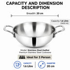 A stainless steel kadhai pot with handles on a white background, overlaid with capacity and dimension information: breadth 20 cm, capacity 1.6 litre (1600 ml), diameter 20 cm, and text noting it is a premium stainless steel cookware item suitable for 3 people.