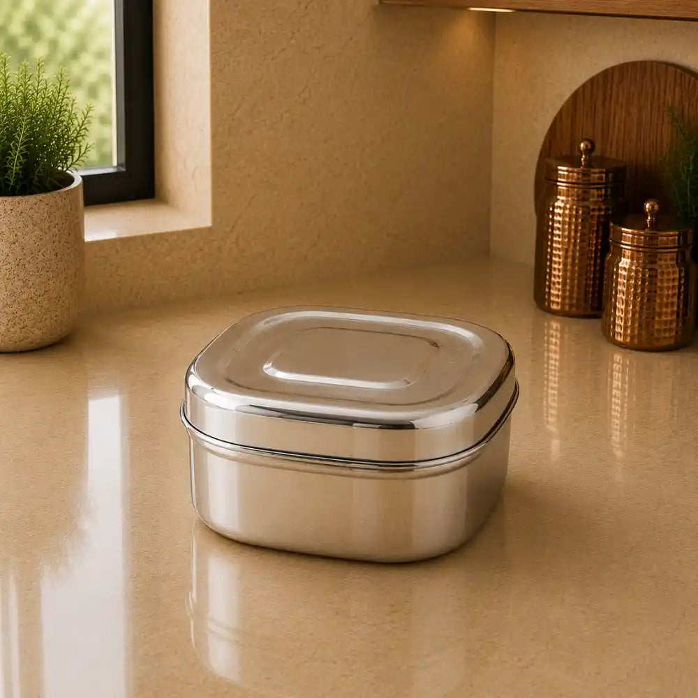Stainless steel container on a reflective surface with a neutral background