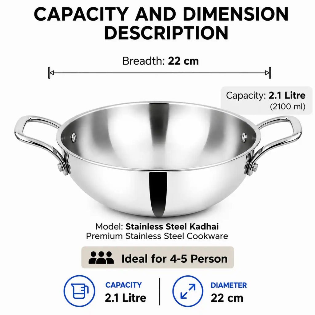 Stainless steel kadhai cookware with two side handles, shown with overlaid dimension and capacity information: breadth 22 cm, capacity 2.1 litre (2100 ml), and diameter 22 cm on a white background.