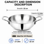 Stainless steel kadhai cookware with two side handles, shown with overlaid dimension and capacity information: breadth 22 cm, capacity 2.1 litre (2100 ml), and diameter 22 cm on a white background.
