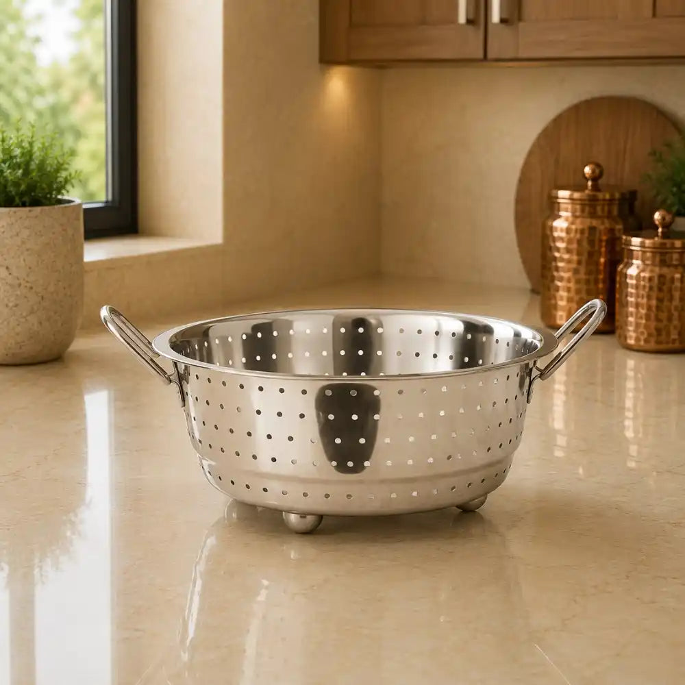 Stainless steel colander on a kitchen counter with decorative jars and plants in the background.