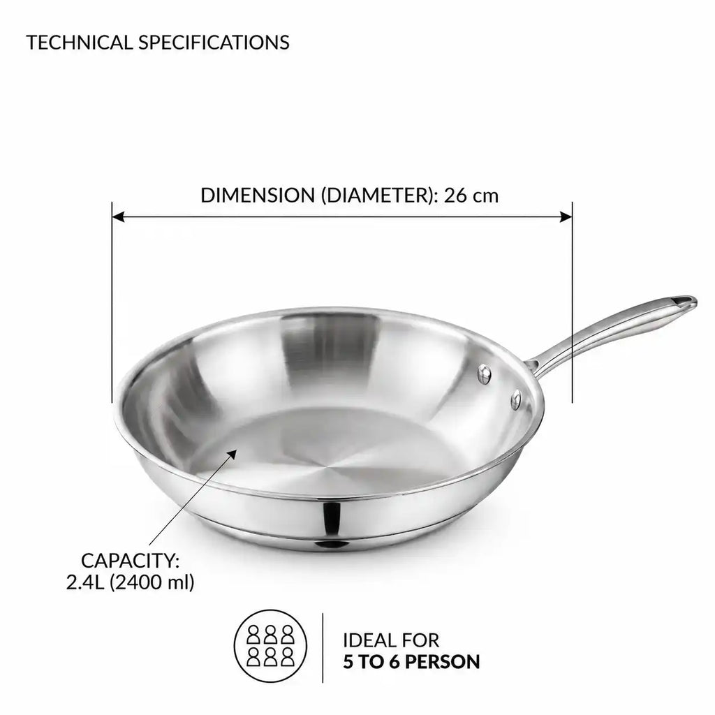 Technical specifications diagram of a stainless steel frying pan showing a diameter of 26 cm and a capacity of 2.4L (2400 ml), with a handle on the right and text indicating it is ideal for 5 to 6 people.
