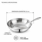 Technical specifications diagram of a stainless steel frying pan showing a diameter of 26 cm and a capacity of 2.4L (2400 ml), with a handle on the right and text indicating it is ideal for 5 to 6 people.