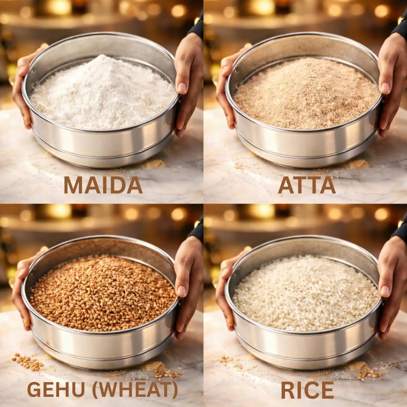 4-in-1 stainless steel chalni (flour sieve) set with interchangeable mesh screens on a modern kitchen countertop, ideal for sifting flour, atta, maida, and grains.
