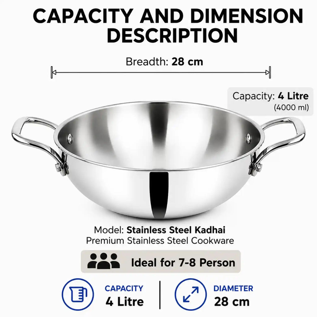 A stainless steel kadhai cookware pot with side handles, shown with overlaid dimension and capacity information on a white background. Text reads 'CAPACITY AND DIMENSION DESCRIPTION,' 'Breadth: 28 cm,' 'Capacity: 4 Litre (4000 ml),' and 'Model: Stainless Steel Kadhai Premium Stainless Steel Cookware.