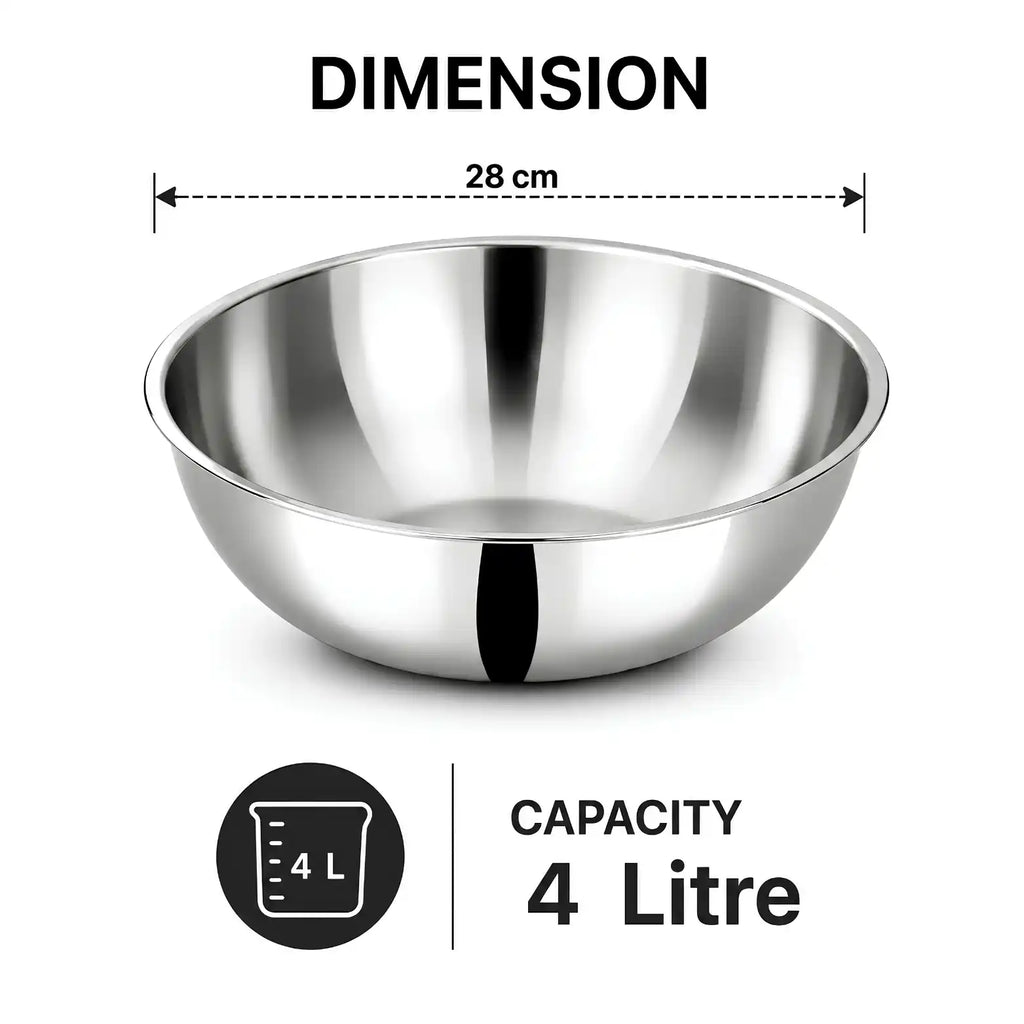 A stainless steel bowl shown on a white background with dimension and capacity text. The image includes a 28 cm diameter measurement line above the bowl and a 4 litre capacity icon below.