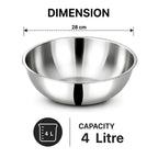 A stainless steel bowl shown on a white background with dimension and capacity text. The image includes a 28 cm diameter measurement line above the bowl and a 4 litre capacity icon below.