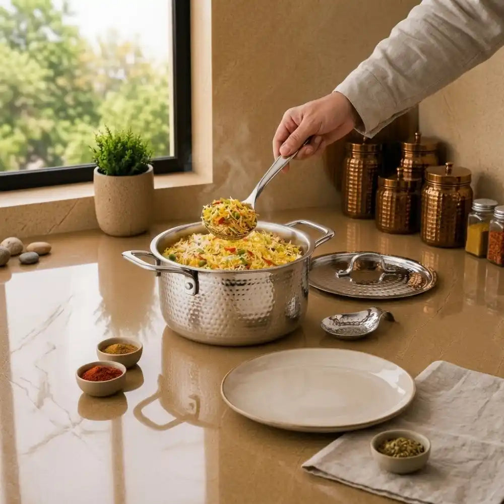 Hammered Stainless Steel Biryani Handi with Lid | Heavy Gauge Cooking & Serving Pot