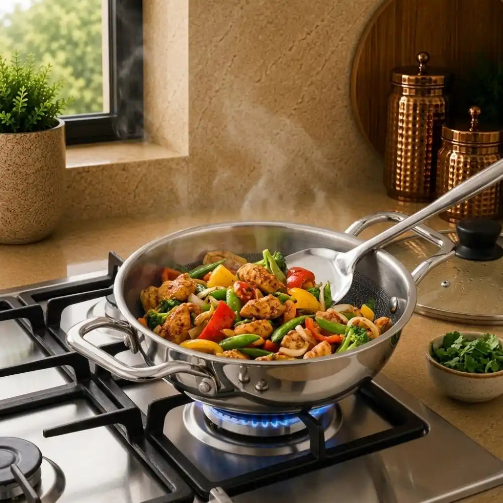 Triply Stainless Steel Kadhai with Glass Lid | Induction Bottom Deep Fry Pan