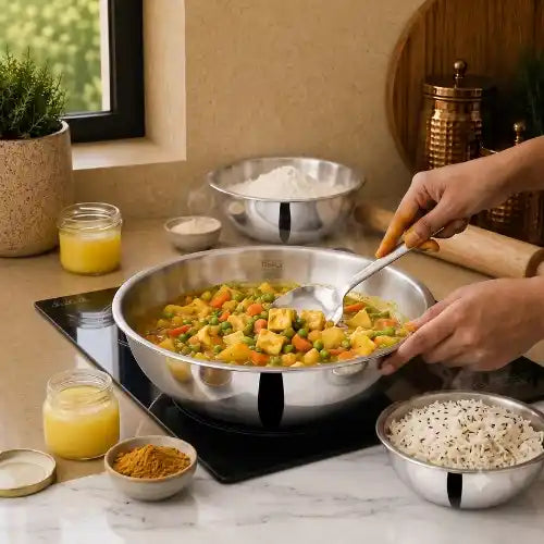 Stainless steel tasla for cooking sabji, preparing vegetables and everyday Indian kitchen use.