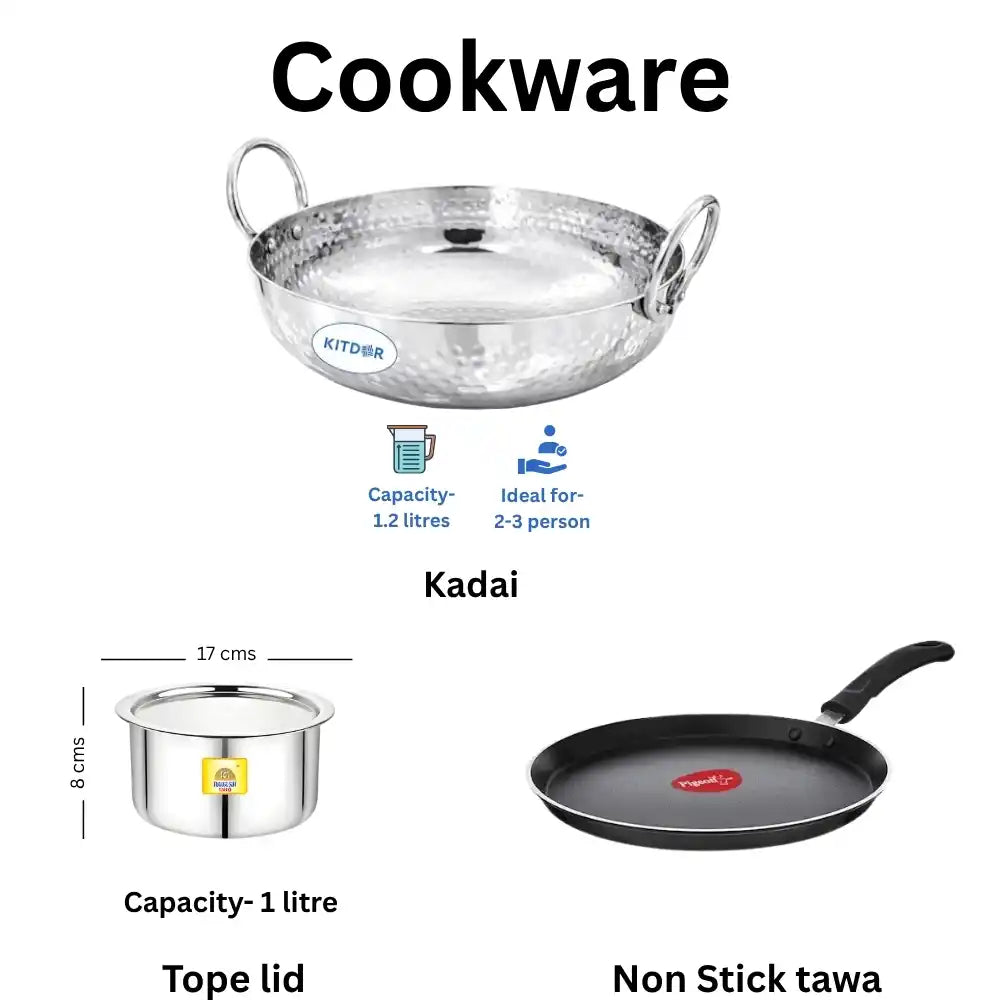 Set of cookware including a kadai, tope lid, and non-stick tawa with measurements and brand logos.