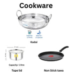 Set of cookware including a kadai, tope lid, and non-stick tawa with measurements and brand logos.