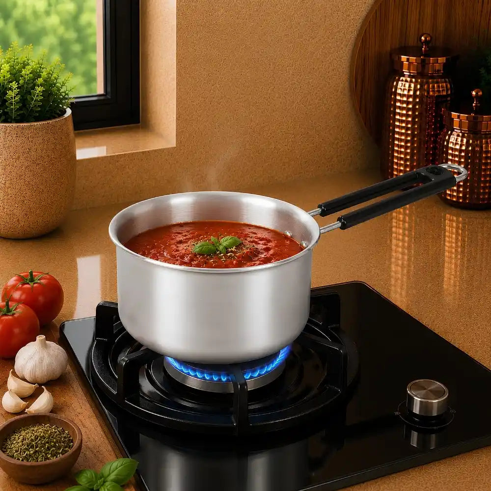 Stovetop with a pot of red sauce, surrounded by kitchen items.