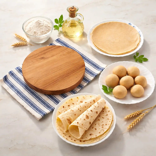 A styled flatbread baking scene on a light marble surface, featuring white plates stacked with round flatbreads, two rolled flatbreads, a small glass bowl of flour, a glass bottle of oil, a round wooden cutting board, and a blue-and-white striped cloth with wheat stalks and green leaves as props.