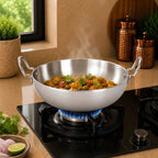 Stir-fry dish in a wok on a gas stove with steam rising, set against a kitchen background.