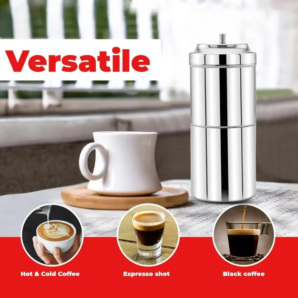 Silver coffee press and white mug on a table with 'Versatile' branding and coffee preparation methods shown.