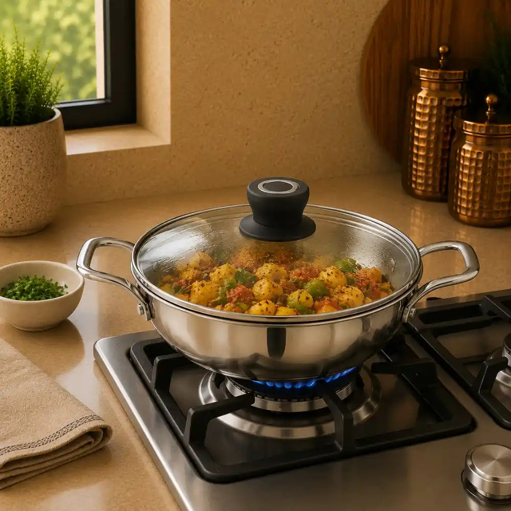 Stir-fry dish in a wok on a gas stove with a window and decorative items in the background.