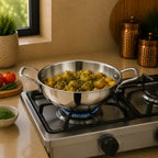 Triply stainless steel kadhai without lid with dual handles for cooking sabji, vegetables, curry, sautéing and frying.