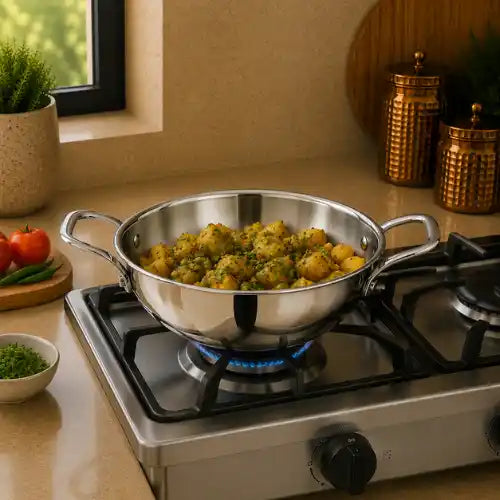 Triply stainless steel kadhai without lid with dual handles for cooking sabji, vegetables, curry, sautéing and frying.
