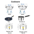 Set of stainless steel cookware with measurements and capacity details on a white background