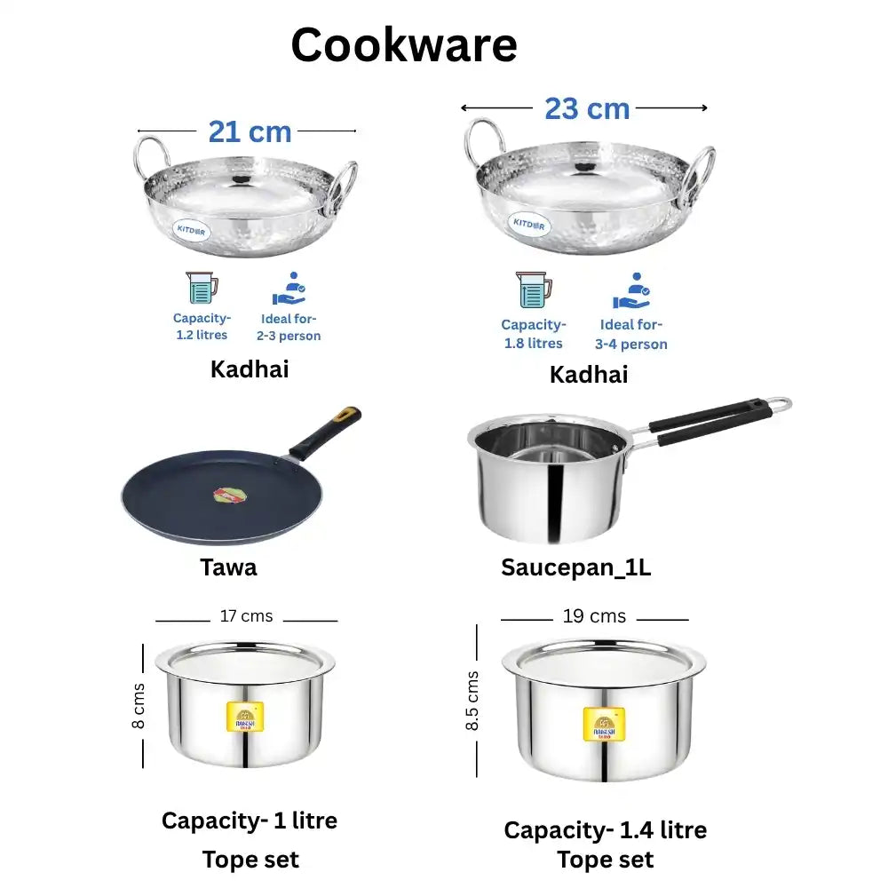 Set of stainless steel cookware with measurements and capacity details on a white background