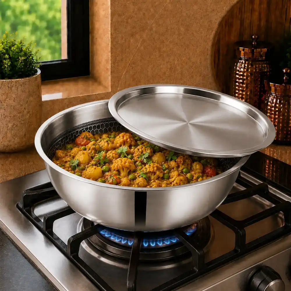 Stainless steel pot with food on a gas stove in a kitchen setting