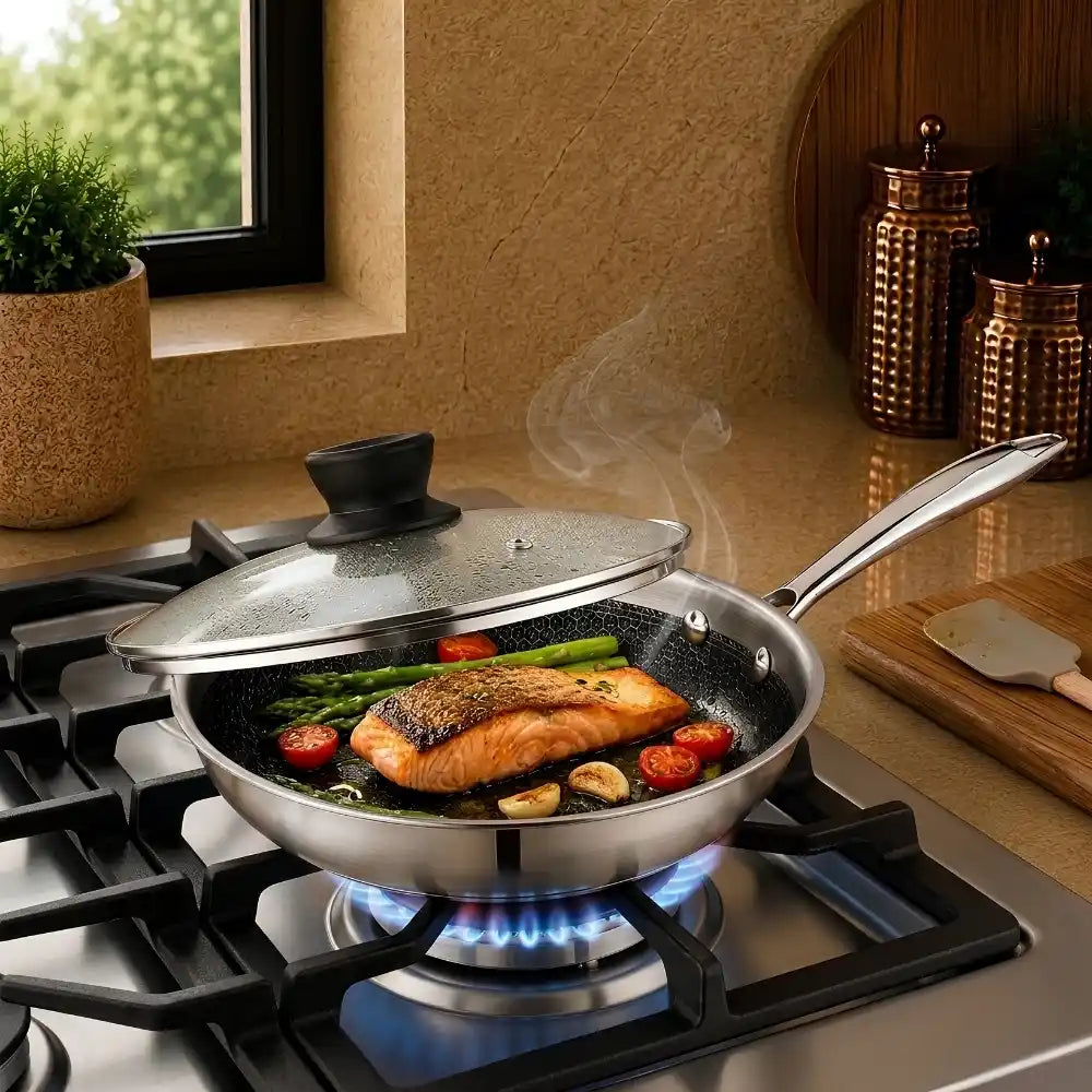 Honeycomb Stainless Steel Fry Pan with Glass Lid | Non-Stick Hex Pattern Frying Pan