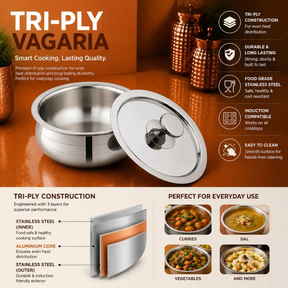 Triply Stainless Steel Handi with SS Lid | 3-Layer Heavy Gauge Handi