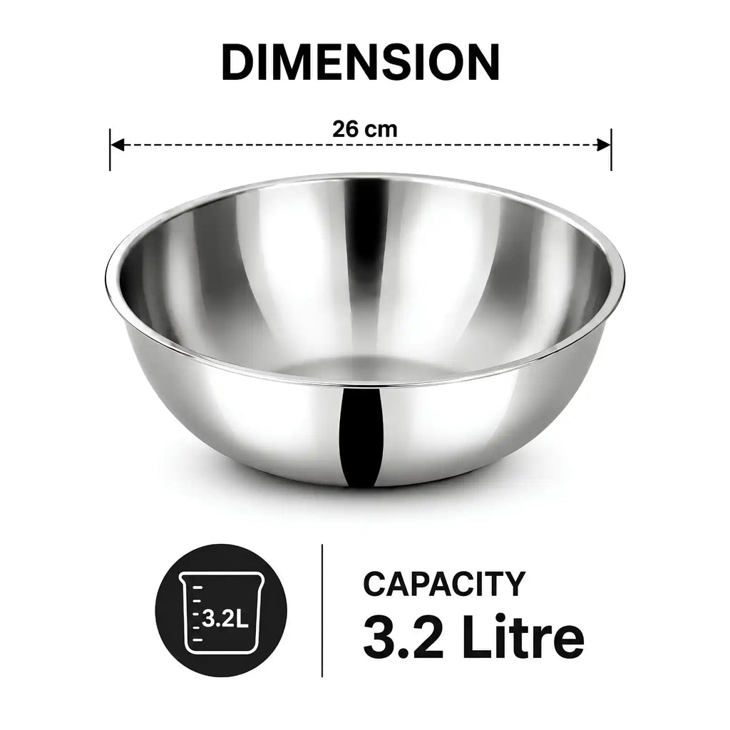 A stainless steel bowl shown on a white background with dimension and capacity text. The image includes a 26 cm diameter measurement above the bowl and a 3.