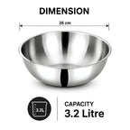 A stainless steel bowl shown on a white background with dimension and capacity text. The image includes a 26 cm diameter measurement above the bowl and a 3.