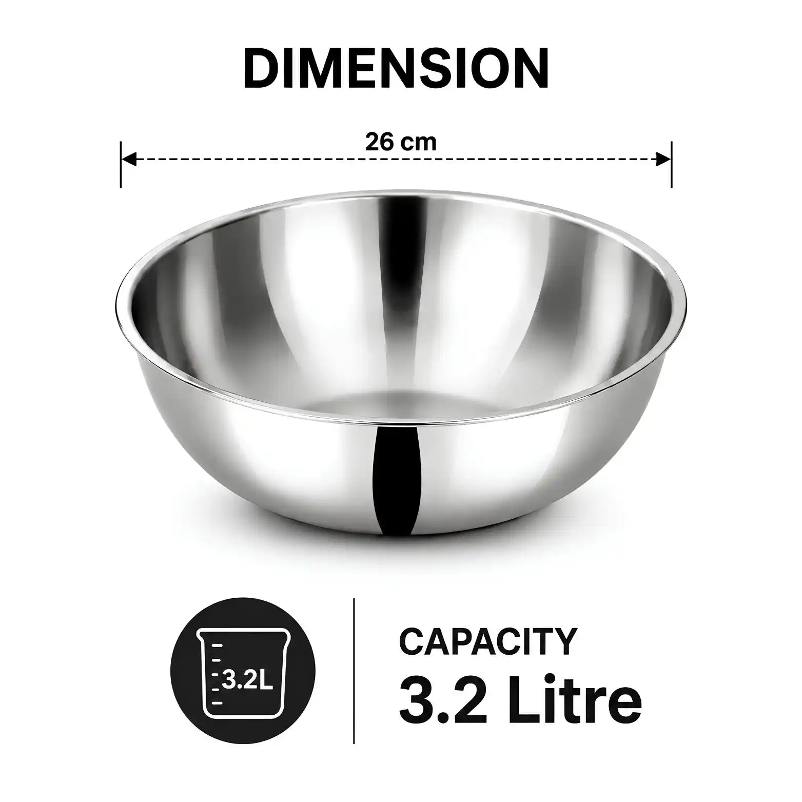 A stainless steel bowl shown on a white background with dimension and capacity text. The image includes a 26 cm diameter measurement above the bowl and a 3.