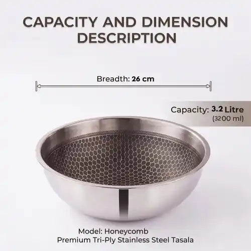 Tri-Ply stainless steel tasla with a honeycomb cooking surface and sturdy side handles, displayed on a dark brown background. Heavy-duty deep cooking vessel suitable for gas and induction cooktops.