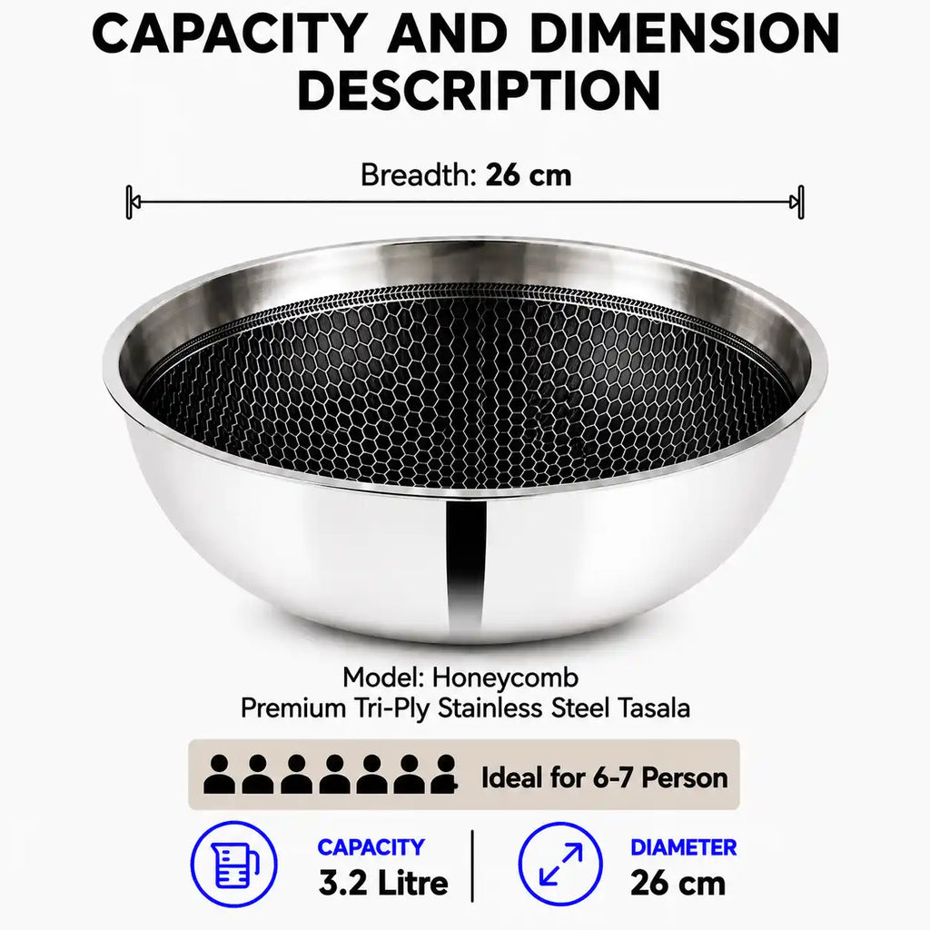 A stainless steel tasala bowl with a black honeycomb mesh insert, shown with dimension labels indicating a diameter of 26 cm and a capacity of 3.2 litre, on a light gray background.