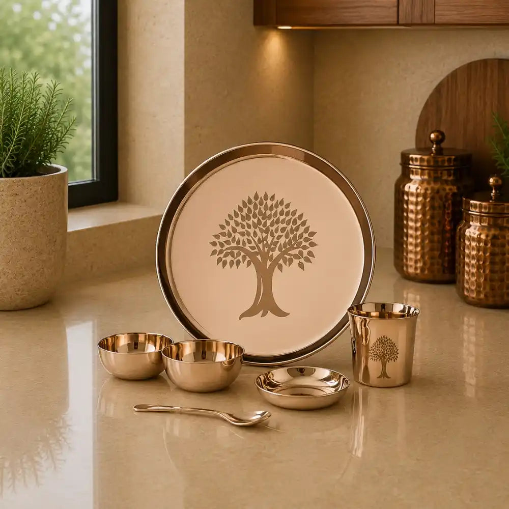 Set of metallic diningware with tree design on a neutral background