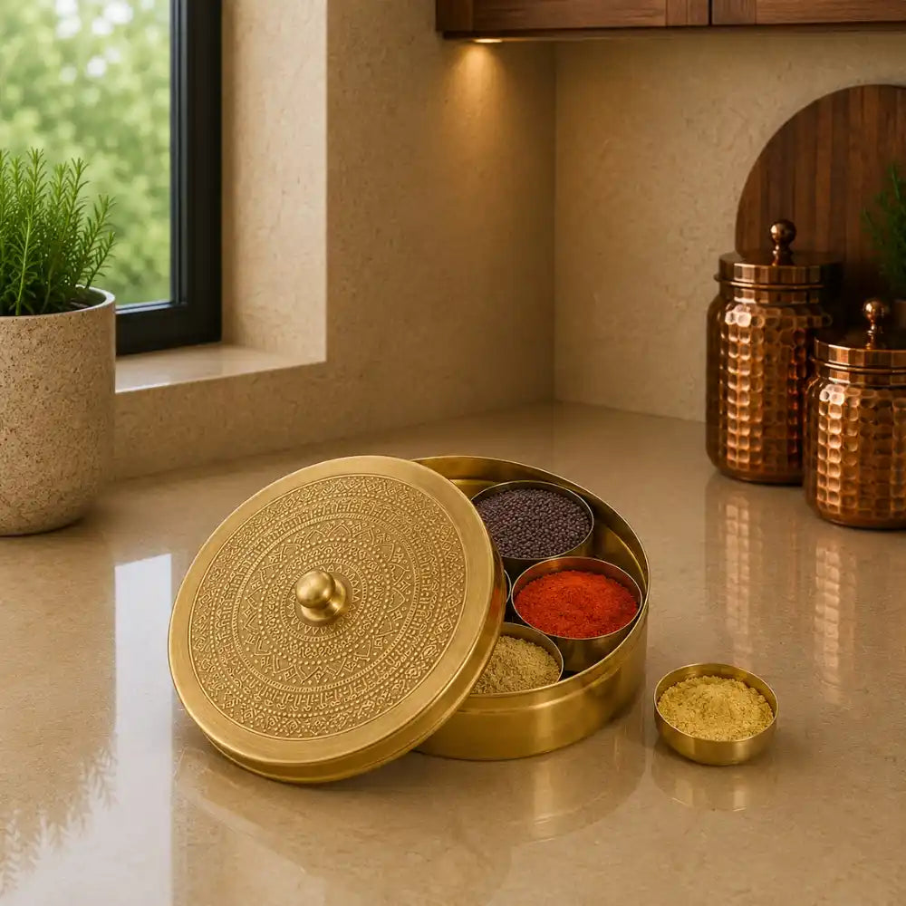 Brass container with spices on a kitchen counter