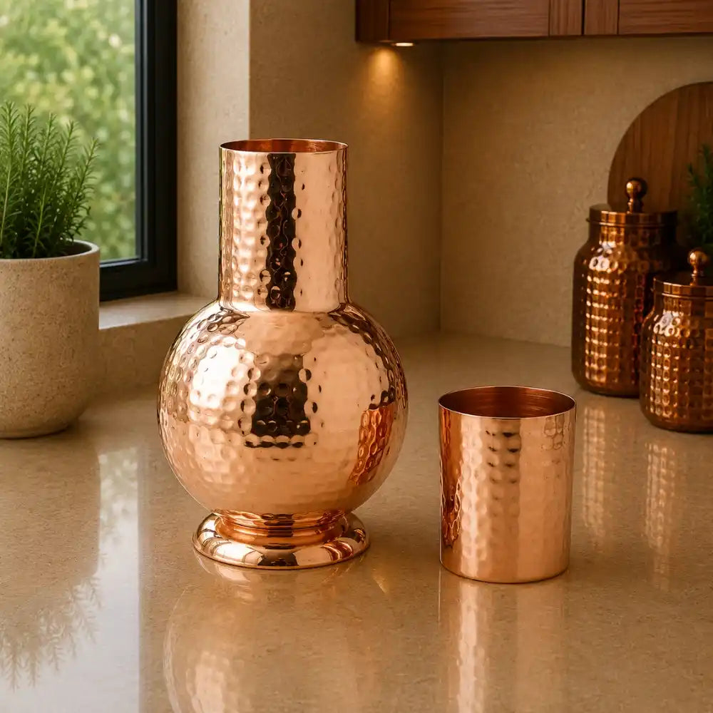 Copper vase and cup on a reflective surface with a blurred background