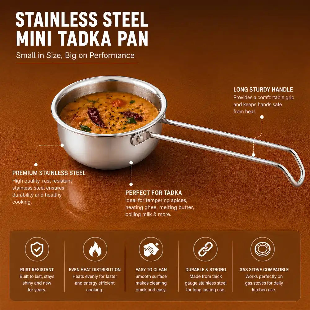 Stainless steel mini tadka pan with a long handle, shown on a brown background with product features and benefits text.