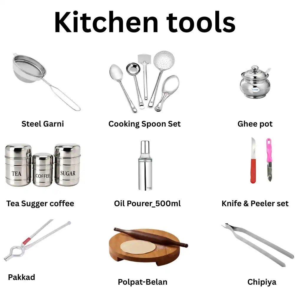 Collection of kitchen tools including a steel garni, cooking spoon set, ghee pot, and various other utensils on a white background.