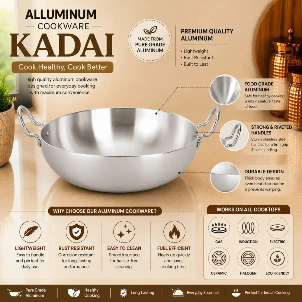 Aluminum cookware kadai with features and benefits on a beige background