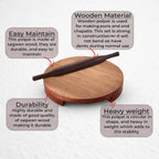 A wooden rolling pin resting on a round wooden polpat stand, with four labeled callout boxes explaining features such as easy maintenance, wooden material, durability, and heavy weight.