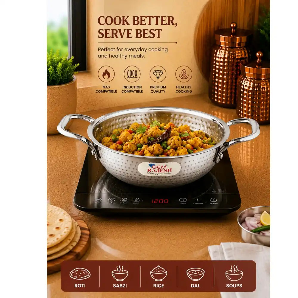 Silver cooking pot with food on an induction cooktop, branded 'Rajesh', with a wooden background and product packaging.