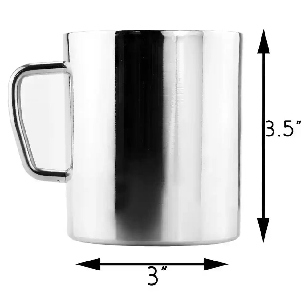 Silver mug with dimensions labeled on a white background