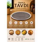 Triply Tavdi stainless steel tawa on a wooden surface with product features and uses displayed.