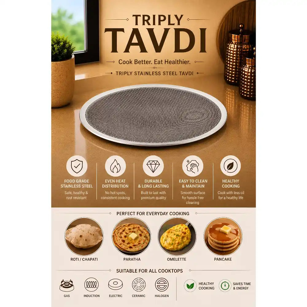 Triply Tavdi stainless steel tawa on a wooden surface with product features and uses displayed.